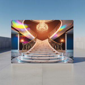 Grand Marble Staircase Canvas Art | Gold Railing Luxury Frame | Elegant Architecture Print