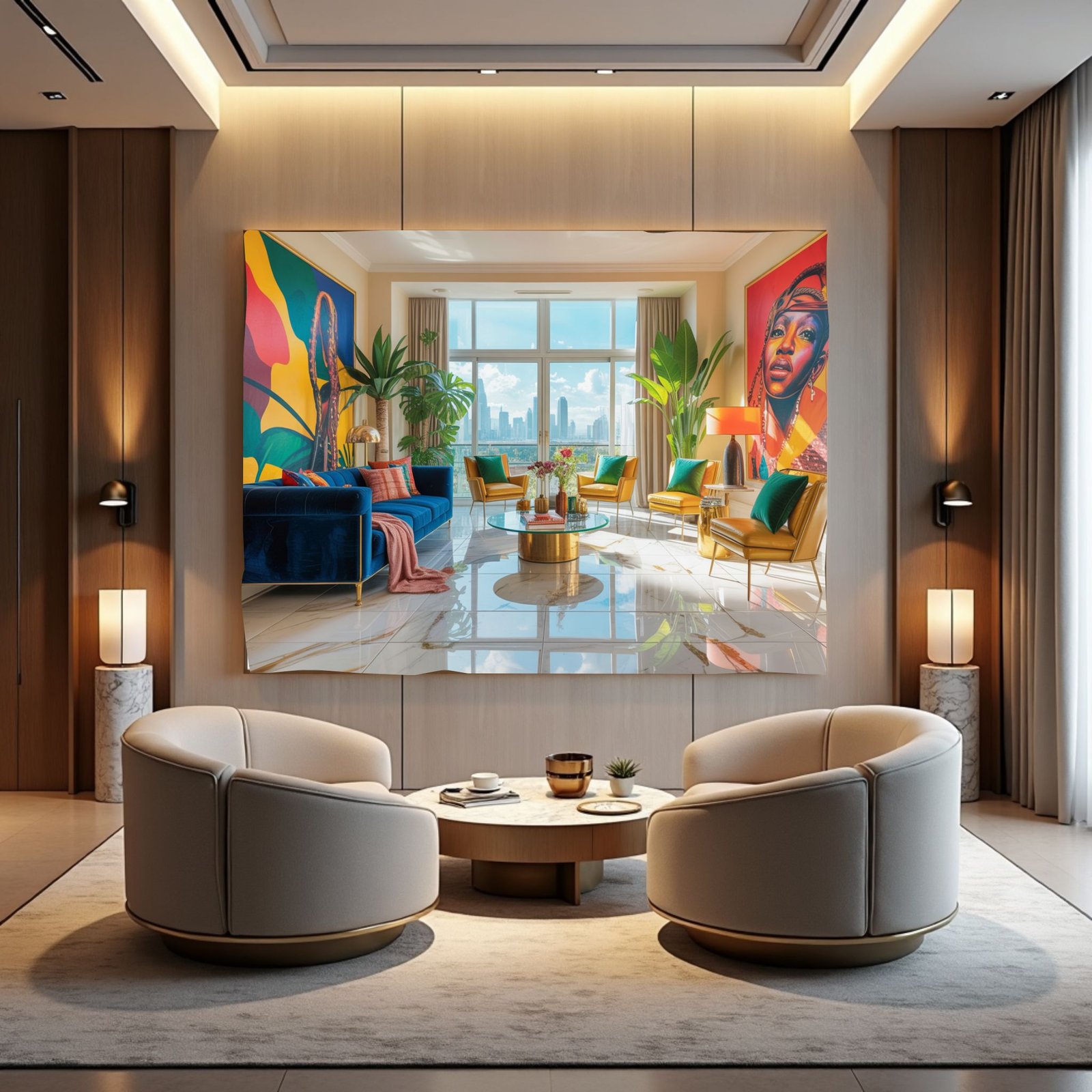 Modern Luxury Living Room Canvas Print | Sapphire Blue Velvet Sofa Frame | Vibrant Interior Wall Art - Image 2