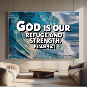 Psalm 46:1 Refuge Canvas Art | God is Our Strength Frame | Ocean Wave Scripture Print