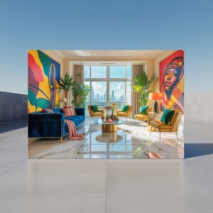 Modern Luxury Living Room Canvas Print | Sapphire Blue Velvet Sofa Frame | Vibrant Interior Wall Art