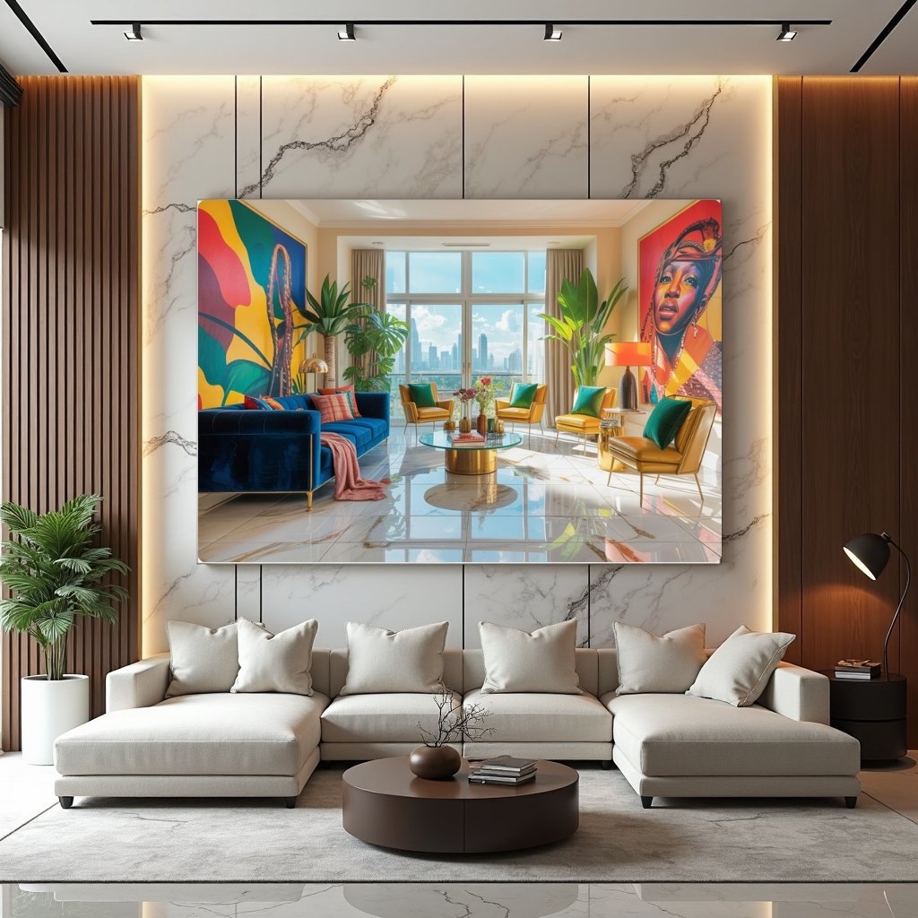 Modern Luxury Living Room Canvas Print | Sapphire Blue Velvet Sofa Frame | Vibrant Interior Wall Art - Image 3