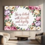 Proverbs 31:25 Strength Dignity Canvas | She is Clothed Frame | Women Scripture Wall Art